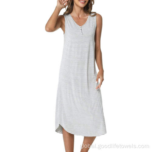 Sleepwear Pajamas Bamboo Nightgowns Women Sleeveless Striped Night Dress Supplier